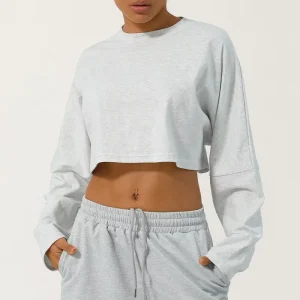 Women’s Lightweight Plus Size Loose Fit Long Sleeve Cropped Yoga Crop Tops Round Neck Athletic Casual Cotton Workout Sweatshirt