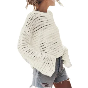 Women’s Lightweight Silk Crochet Pullover Tops Embroidered Hollow Design Casual Korean Winter Knit Sweater Breathable Autumn
