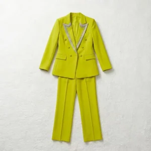 Women’s Lime Green 2 Piece Elegant Blazer Suit with Button Detail Blazer and Straight Leg Pants for Office Lady and Formal Events