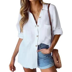 Women’s Linen Button Shirt Casual Long Sleeve Cotton Loose Lapel Work Gauze Top with Pocket