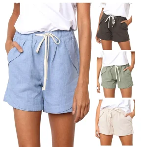 Women’s Linen Cotton Shorts Casual Drawstring High Waisted Wide Leg Summer Clothing with Pockets