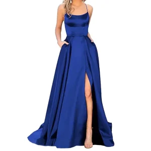 Women’s Long Elegant Satin Spaghetti Party Prom Dress Tie Formal Dress Deep Blue
