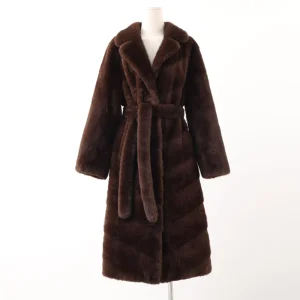 Women’s Long Faux Fur Coat with Lapel and Belt Warm Thick Textured Shearling Style Winter Jacket
