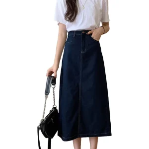Women’s Long Formal A-Line Denim Jean Skirt with Elastic Waist, Vintage Asymmetric Slit Design, Washed, Autumn Season