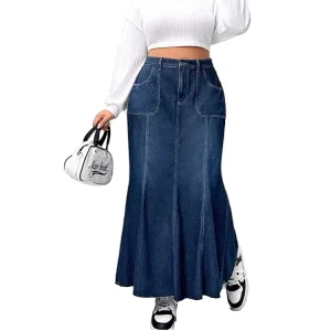 Women’s Long High Waist Denim Skirt Maxi Loose Fit Style With Pockets Medium Washed Denim Skirt Vintage OEM