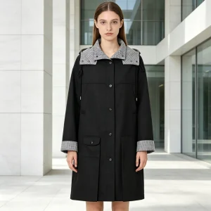 Women’s Long Hooded Trench Coat Casual Long Plaid Patchwork Trim Jacket Custom-Sized Trench Coat