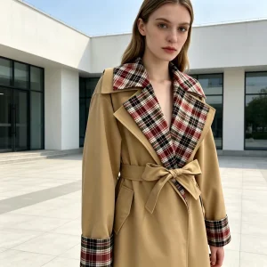 Women’s Long Khaki Trench Coat for Fall Winter Checkered Patchwork Design Custom Made Windproof Trench Coats