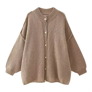 Women’s Long Retro Casual Chic Cardigan Sweater Single Breasted Knitted Wool with Button Decoration for Spring Summer Season