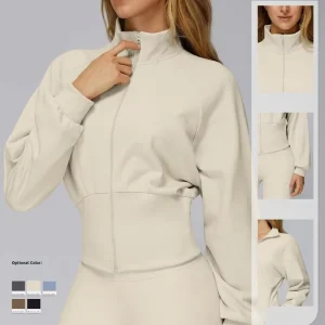 Women’s Long Sleeve Athletic Jacket Cropped Cotton Workout Zip up Sweatshirt with Drawstring for Yoga Running