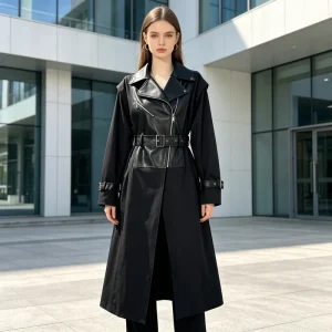 Women’s Long Sleeve Biker Trench Coat Asymmetrical Zipper Belt Design Trench Jacket Factory Custom