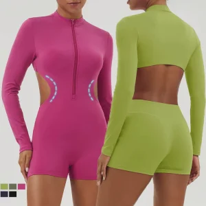 Women’s Long Sleeve Bodycon Romper Half Zip One Piece Unitard Shorts Jumpsuit