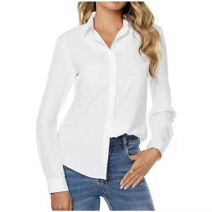 Women’s Long Sleeve Button Down Dress Shirts Solid Work Blouse Wrinkle Free Pocket Plain Dyed Vintage Style Summer Casual Wear