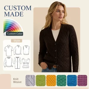 Women’s Long Sleeve Cable Knit Cotton V Neck Cardigan Sweater Knitwear for Winter Leisure Wear