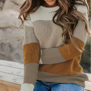 Women’s Long Sleeve Crew Neck Knitted Pullover Sweater Anti Wrinkle Front Logo Fashion Stripe Splice Casual Autumn