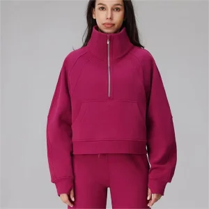 Women’s Long Sleeve Crop Pullover Sweatshirt Casual Fleece Jacket Stand Collar Half Zip Kangaroo Pocket Printed Winter Sweater