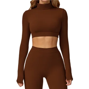 Women’s Long Sleeve Crop Tops Slim Fit Backless Activewear Turtleneck Basic Shirt for Sports Athletic Gym Yoga