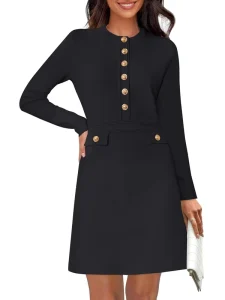 Women’s Long Sleeve Fall Winter Sweater Dress Spring Fashion Button Elegant Business Casual Work Mini Dresses