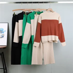 Women’s Long Sleeve Fashion Suit Loose Striped Top Set High Waist Straight Trousers Knit Two-piece Set for Women
