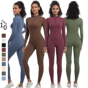 Womens Long Sleeve Half Zip Bodysuits Jumpsuit Tummy Control Rompers Solid Color Fitness Bodysuits