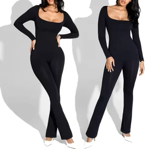 Women’s Long Sleeve High Elastic One Piece Romper Casual Style Jumpsuit with Solid Pattern Skinny Fit