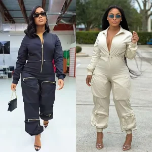 Women’s Long Sleeve Jumpsuit Casual Zipper Romper with Cargo Pockets One Piece Knitted Summer Style