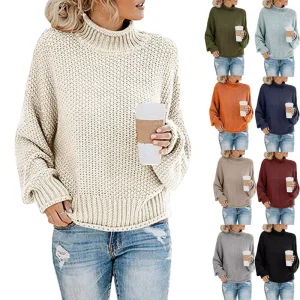 Women’s Long-Sleeve Knitted Sweater Thick Thread High Neck Pullover