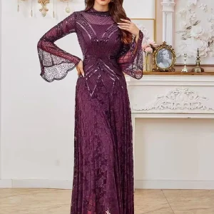 Women’s Long Sleeve Lace Floral Elegant Cocktail Dress Crew Neck Floor Length for Party