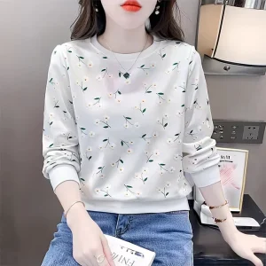 Women’s Long Sleeve Loose Printed Round Neck T-Shirt