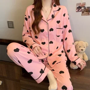 Women’s Long Sleeve Lounge Set with Love Print Soft & Comfortable Spring Summer Pajama Pants for Home or Casual Wear