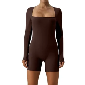 Women’s Long Sleeve One Piece Workout Romper Soft Comfort Quick Compression Fitness Sports Bodysuit Square Collar
