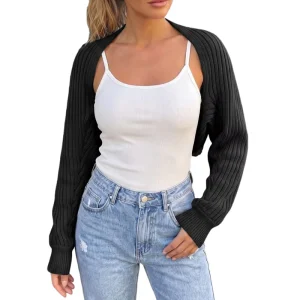 Women’s Long Sleeve Open Front Knitted Crop Cardigan Drop Shoulder Knit Bolero Shrug Sweater