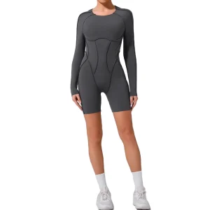 Women’s Long Sleeve Patchwork Bodysuit Stereoscopic Seam Backless Fitness Short Jumpsuit Tight Yoga Romper