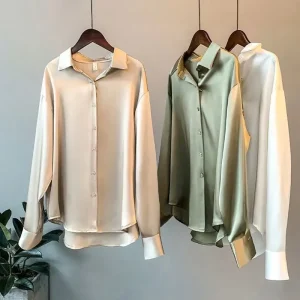 Women’s Long Sleeve Satin Shirts Spring New Fashion Office Lady Tops Retro Style Lapel Button Casual Shirt
