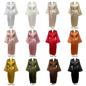 Women’s Long Sleeve Satin Silk Bridal Gown Luxury Loungewear Wedding Kimono Robe V Neck Bride Robes With Seam Pockets