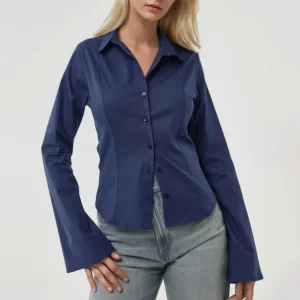 Women’s Long Sleeve Slim Fit Knitted Shirt with Turn Down Collar Plain Color and Button Decoration Breathable for All Seasons