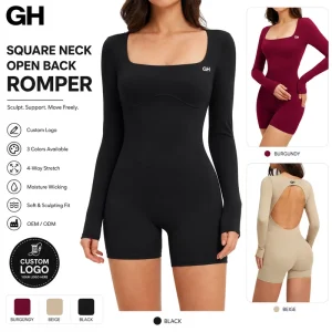 Women’s Long Sleeve Square Neck Open Back Yoga Jumpsuit One Piece Jumpsuit Workout Fitness Romper