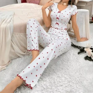 Women’s Long Sleeve Two Piece Pajamas Set Heart Shape Printed Loungewear for Summer Sleep Nightwear Homewear Outfit
