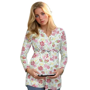 Women’s Long Sleeve V Neck Maternity Tops Solid Color Nursing Blouse with Front Pleat Summer Bandage Tunic for Pregnancy Shirts