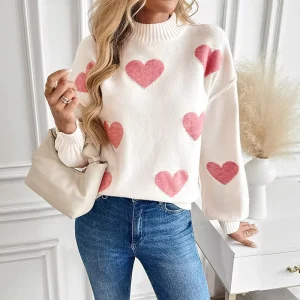 Women’s Long Sleeve Winter Jacquard Knitted Christmas Sweater Vintage Style Stand Collar Breathable Anti Pilling Nylon Acrylic