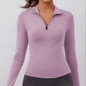 Women’s Long Sleeve Workout Tops Quick Dry Quarter Zip Pullover Crop Yoga Athletic Slim Fit Spandex Nylon V Neck Front