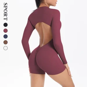 Women’s Long Sleeve Yoga Romper One Piece Jumpsuit Half Zipper Back Hollow Out Tummy Control Bodysuit Yoga Activewear
