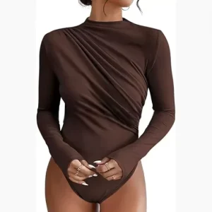 Women’s Long Sleeved Bodysuit Jumpsuit Autumn Winter Pleated Versatile Base Top for Tight Fitting