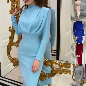 Women’s Long-Sleeved Casual Dress Solid Color Woven Waistline Plain Dyed