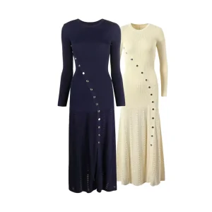 Women’s Long Sleeved Knitted Floor Length Dress for Spring and Autumn Formal Style with Round Neck & Fit Solid Color