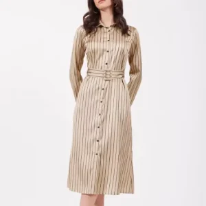 Women’s Long Sleeved Pleated Satin Dress Single Row Button Belt Striped Pattern Natural Digital Printed Eco Friendly Spring