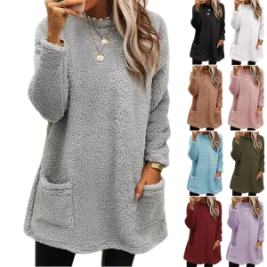 Women’s Long Sleeved Plush Hoodie T Shirt Top Front Logo Print Formal Style for All Seasons for Winter