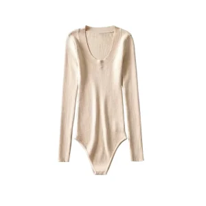 Women’s Long Sleeved Wool Cashmere Knitted Low Cut Square Neck Knit Bodysuit