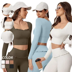 Women’s Long-Sleeved Yoga Top with Bra-Like Support Solid Style Workout Sportswear Short Sleeve Exercise Running Fitness