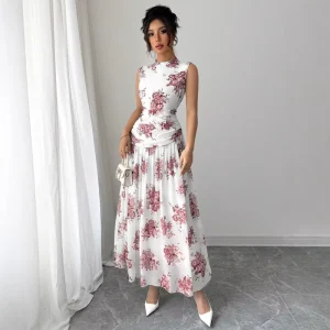 Women’s Long Stand Neck Sleeveless Floral Print A Line Dress Women’s Casual Dress Afghan dress