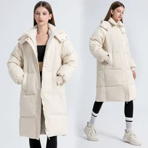 Women’s Long Winter Casual Down Jacket Breathable Cotton with Plush Warm Windproof Stand Collar Plus Size
